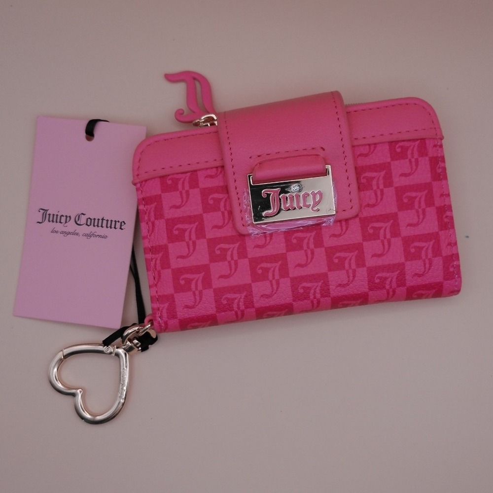 Juicy Couture Pink Lemonade Monogram Tab Card Wallet Y2K Heart Clip Keyring NEW‎